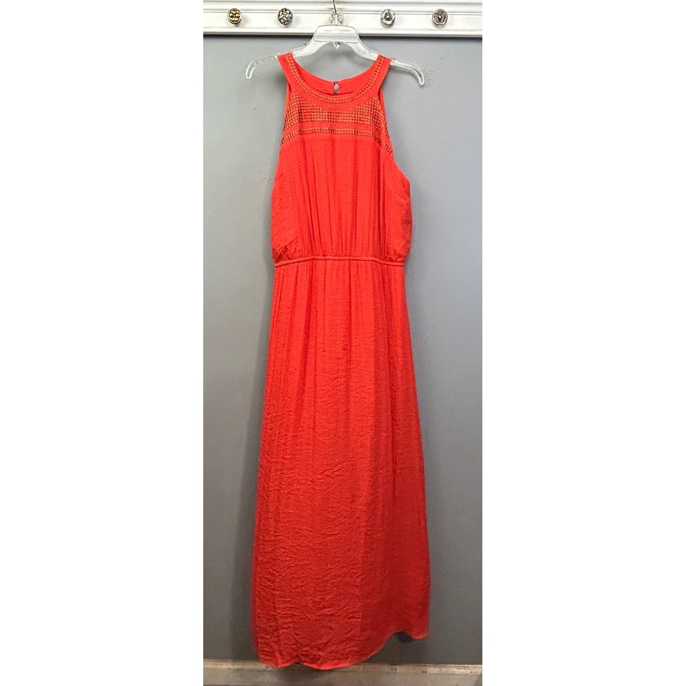 AGB Dress Womens XL Coral Orange Maxi High Neck Gold Embroidered Sleeveless
